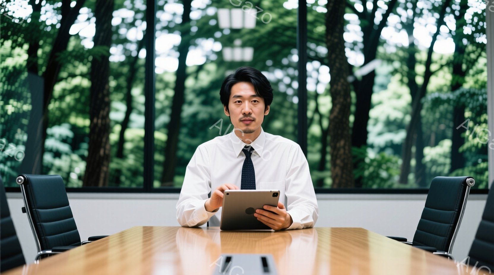 スーツを着た男性が、明るい室内でタブレットを見つめている。彼の服装は白のシャツにネクタイ、そして紺色のスーツで、髪型は短く整えられている。背景は大きな窓から緑豊かな木々が見え、室内は木製の長いテーブル - AI生成フリー素材