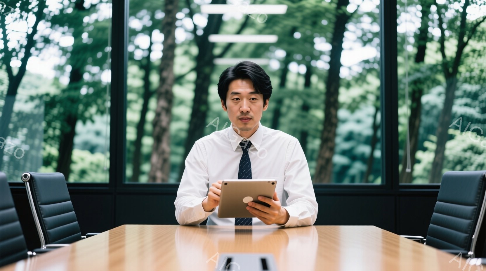 男は白いシャツに濃い青色のネクタイを着用し、黒髪を短く整えています。彼はテーブルに座り、タブレットを手に何かを確認している様子で、表情は真剣です。背景には大きな窓があり、緑豊かな木々が見え、明るく開放 - AI生成フリー素材