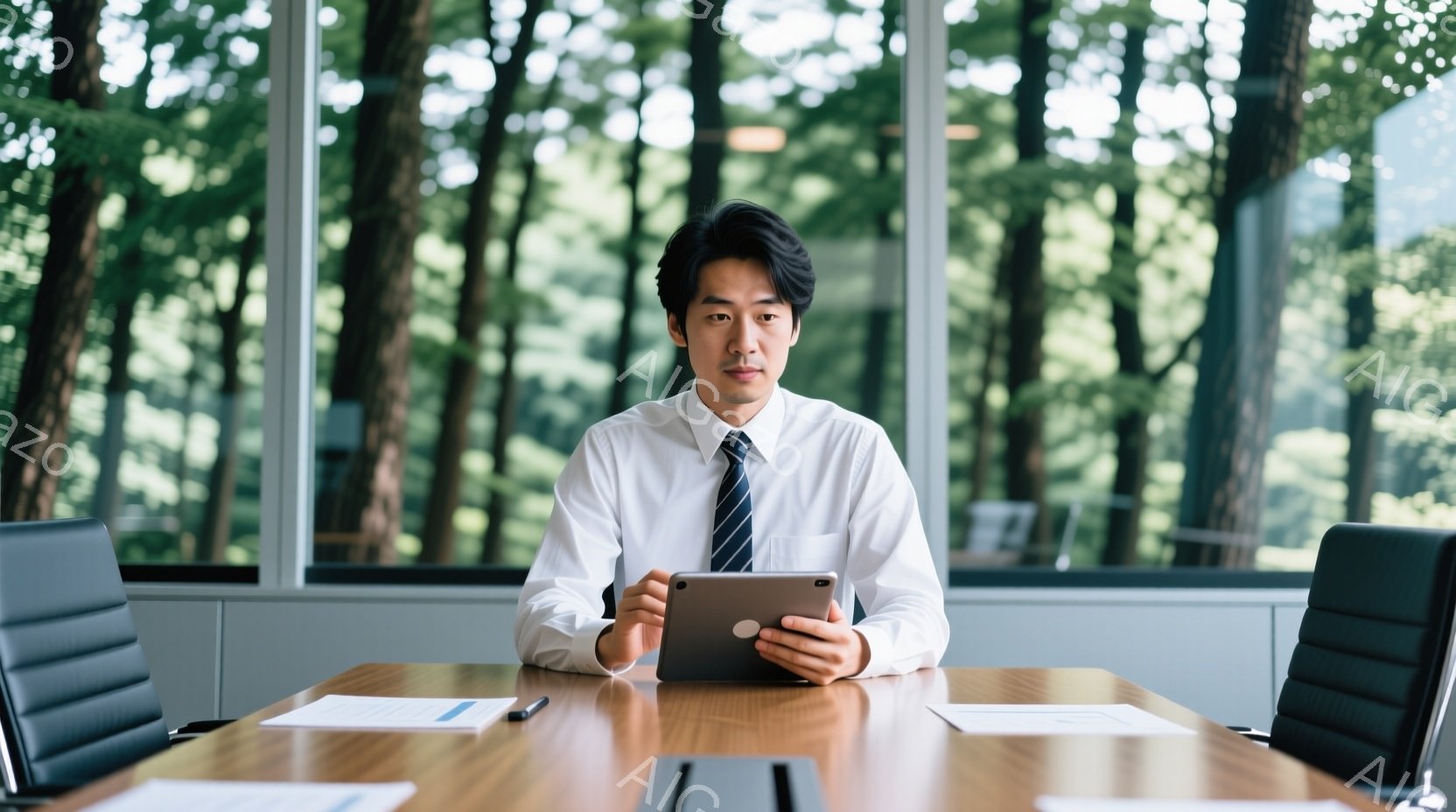 一人の男性が会議室のテーブルに座っており、タブレットを両手で持っています。彼は白いシャツにネクタイを締め、髪型は短く整えられています。背景には緑豊かな木々が見え、室内は明るく、ビジネスシーンでありなが - AI生成フリー素材