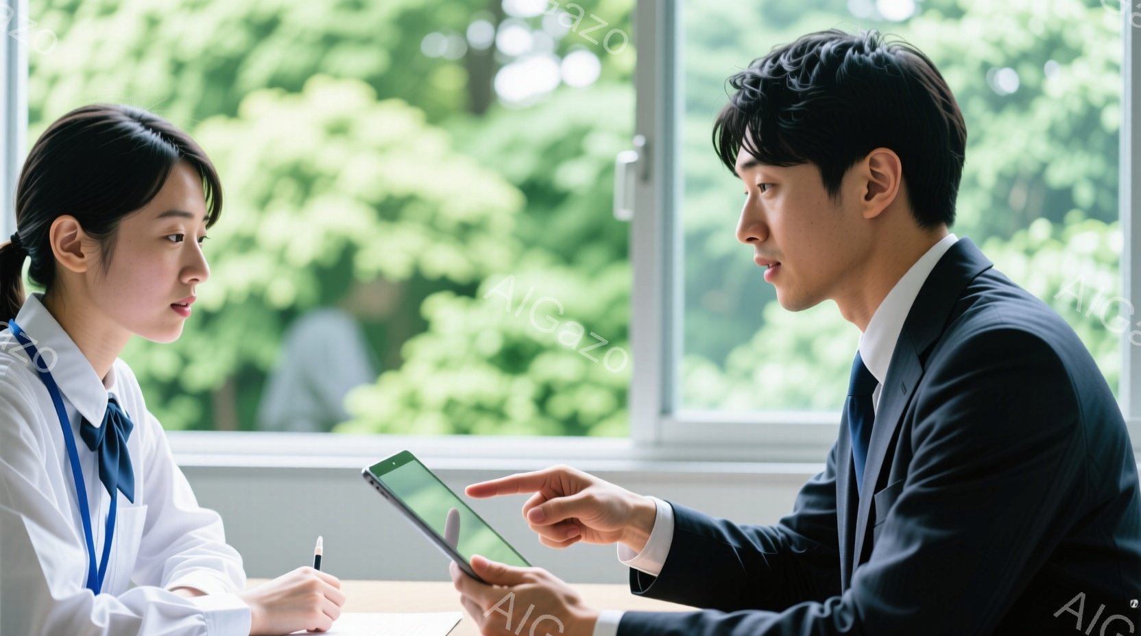 男性が女性に話す。男性は正装で、女性は白衣を着て書類を見つめる。会議室のような空間で。