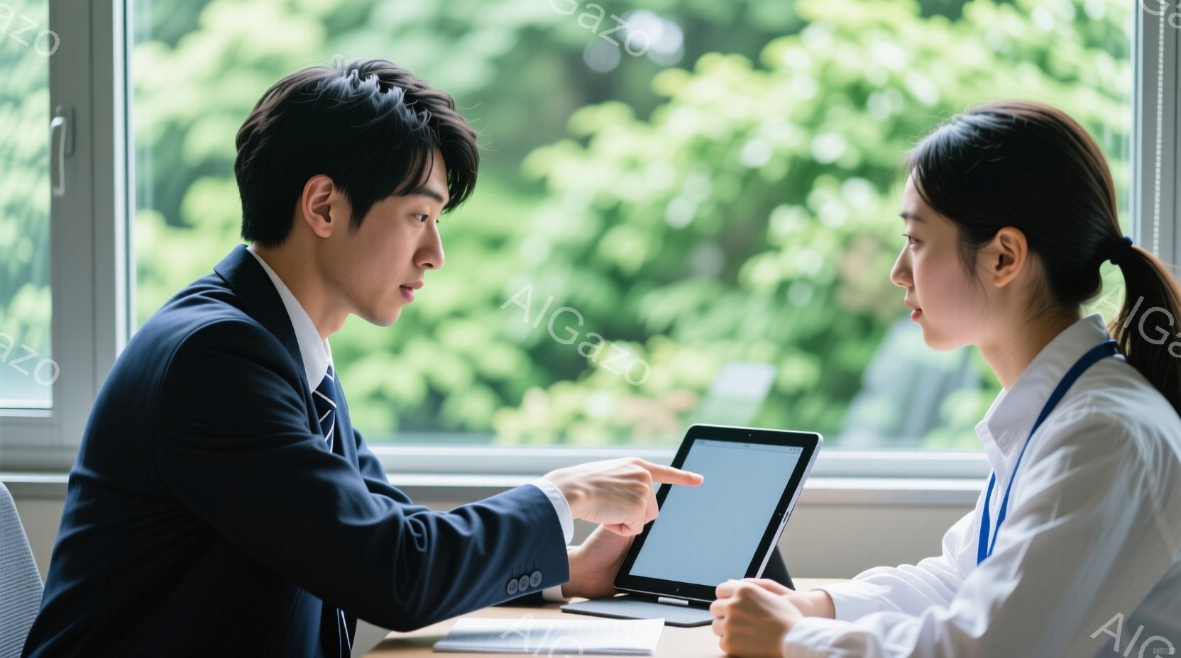 スーツを着た男性と白いブラウスの女性が、明るい室内でタブレットを挟んで向かい合っています。男性はタブレットの画面を指で示し、真剣な表情で何かを説明しているようです。背景には緑豊かな木々が見え、穏やかで - AI生成フリー素材