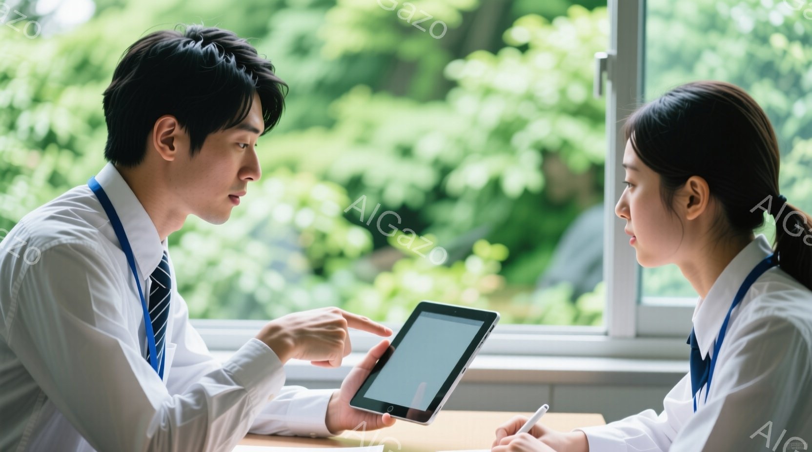 二人の人物が机を挟んで向かい合っている。男性は白いシャツにネクタイ、女性は白いブラウスを着ており、どちらも身につけているのは学校の制服のようなものに見える。男性はタブレットを手に持ち、画面を指差して何かを説明している様子で、女性はペンを持ち、タブレットを見ながら真剣に聞いている。