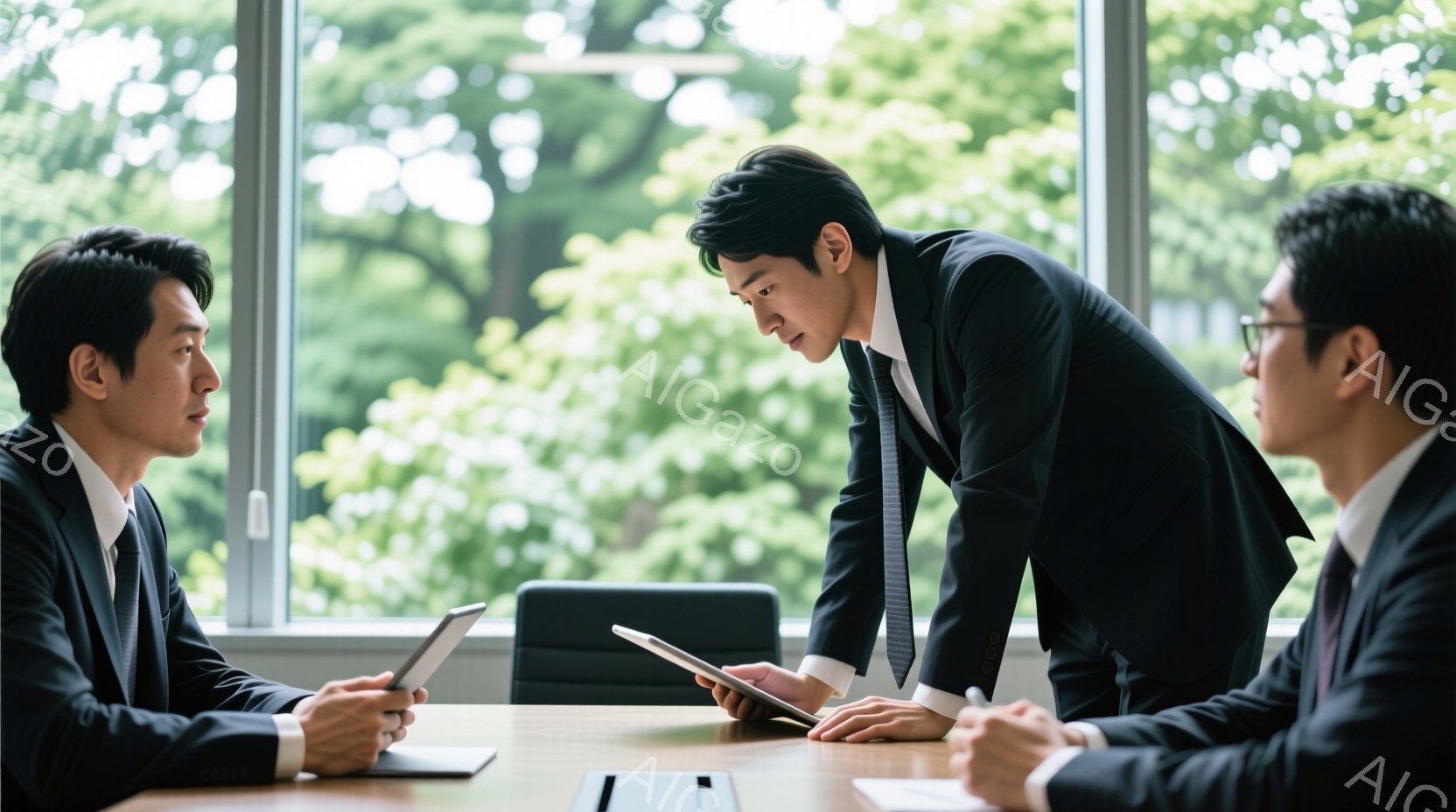 三人のビジネスマンが会議室のテーブルを囲んで座っています。全員黒いスーツを着ており、真剣な表情でタブレット端末を見つめています。窓の外には緑豊かな木々が見え、明るい日差しが差し込み、室内は落ち着いた雰囲気です。