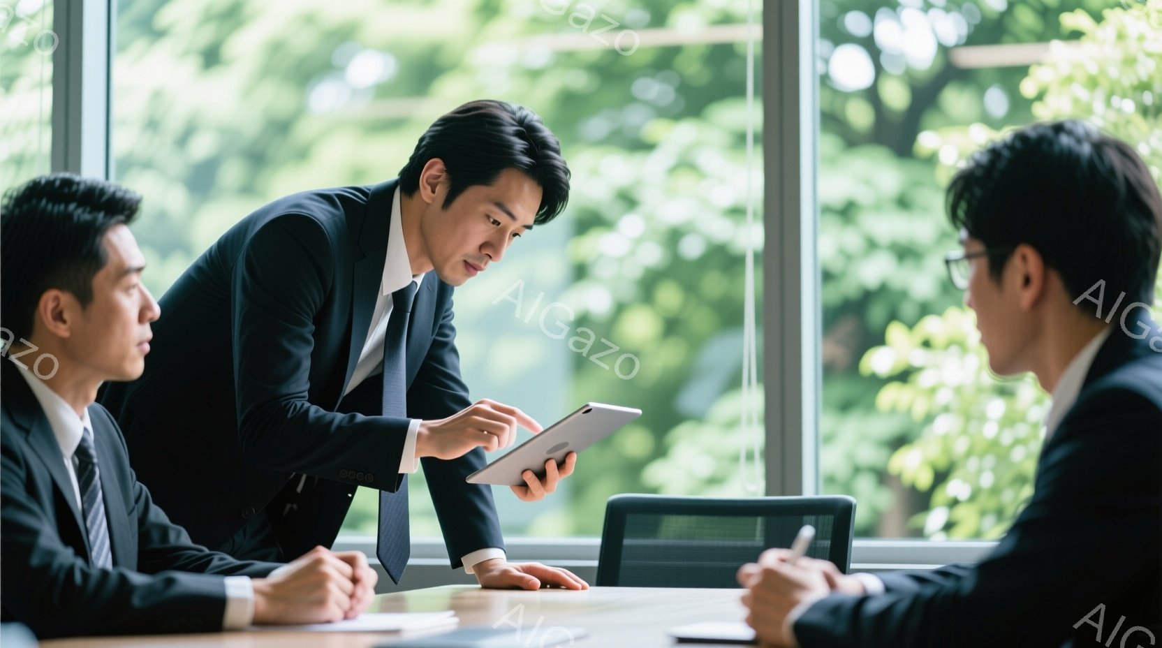 三人のビジネスマンが会議室で話し合っている様子が写っている。中央の男性は黒いスーツにネクタイを締め、タブレットを手にしながら身を乗り出し、熱心に説明しているように見える。窓の外には緑豊かな自然が広がり - AI生成フリー素材