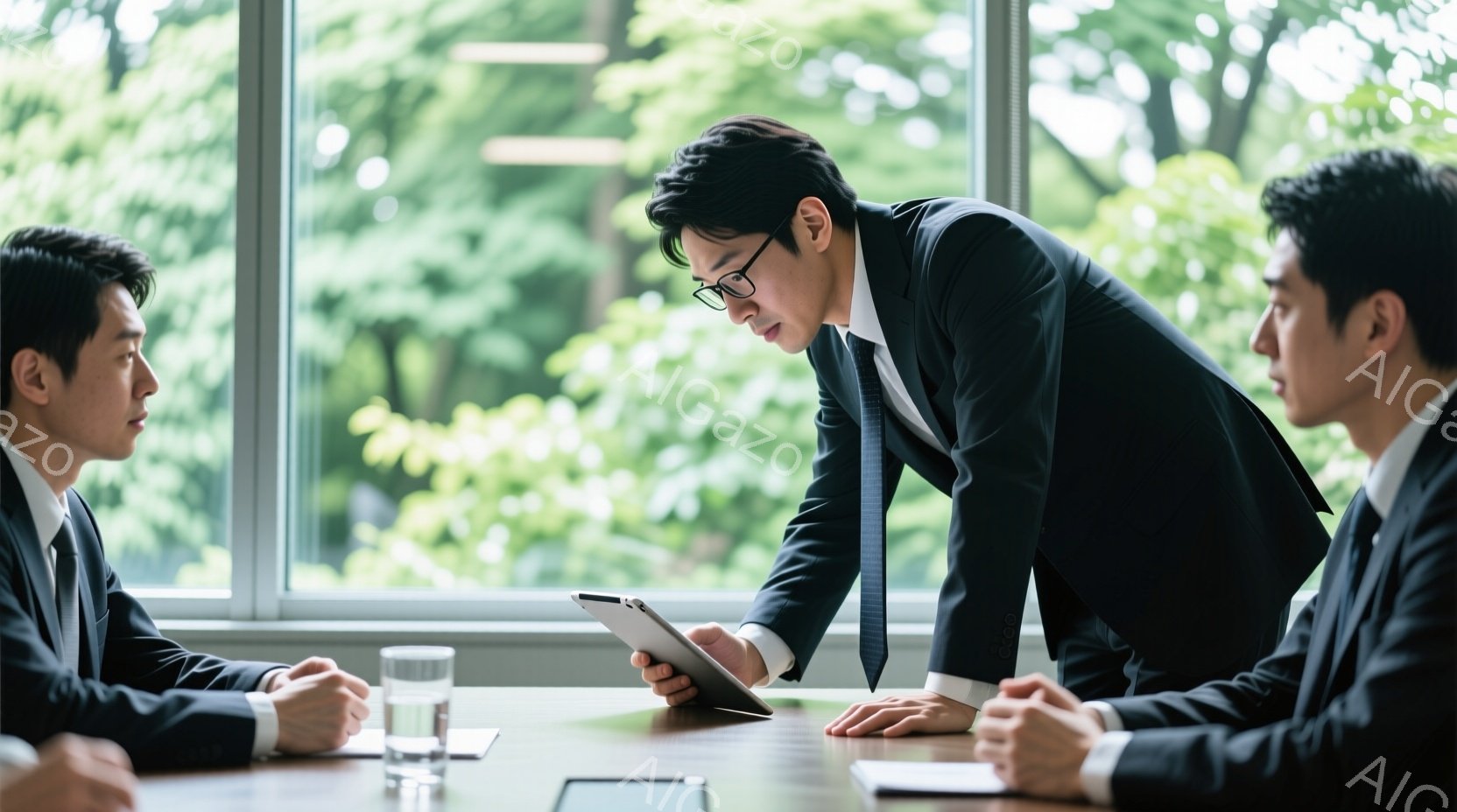 3人のビジネスマンが会議室で議論している様子が写っている。全員がダークスーツにネクタイ姿で、真剣な表情をしている。窓の外には緑豊かな木々が見え、明るい日差しが差し込み、室内は落ち着いた雰囲気である。