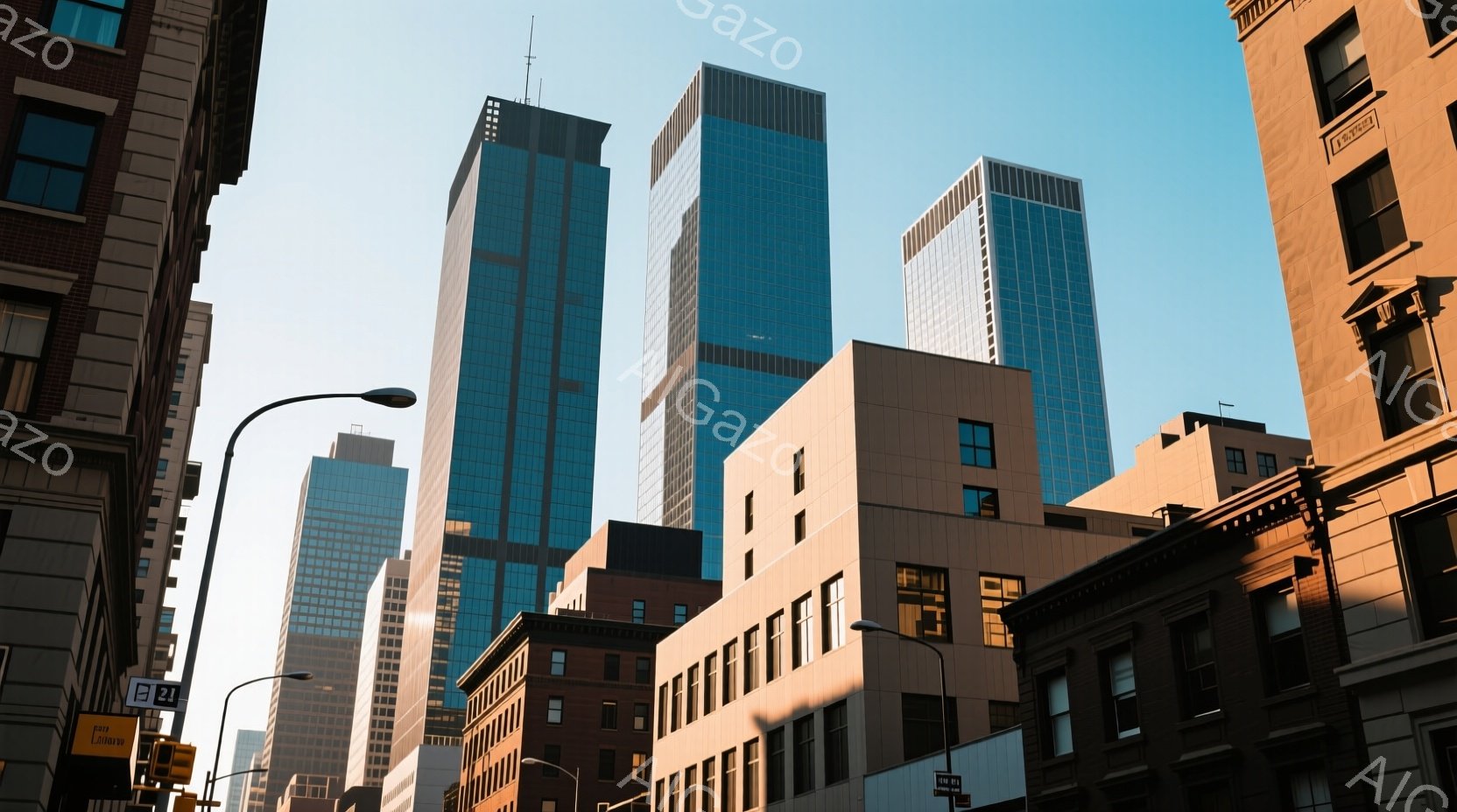 ニューヨークの街並みが写っており、高層ビル群が青空に聳え立っている。建物はモダンなデザインから歴史的なレンガ造りの建物まで様々で、光と影のコントラストが印象的である。全体的に静かで洗練された雰囲気で、都会のエネルギーを感じさせる。