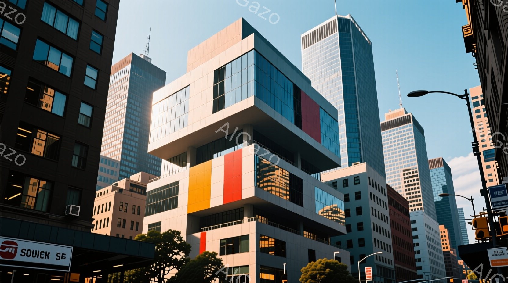 高層ビル群の中に、白を基調としたカラフルなパネルが印象的な建物が際立っている。青空と白い雲が背景に広がり、近代的な都市景観を作り出している。建物はガラス張りの部分もあり、光を反射して輝いており、全体的に洗練された雰囲気が漂っている。