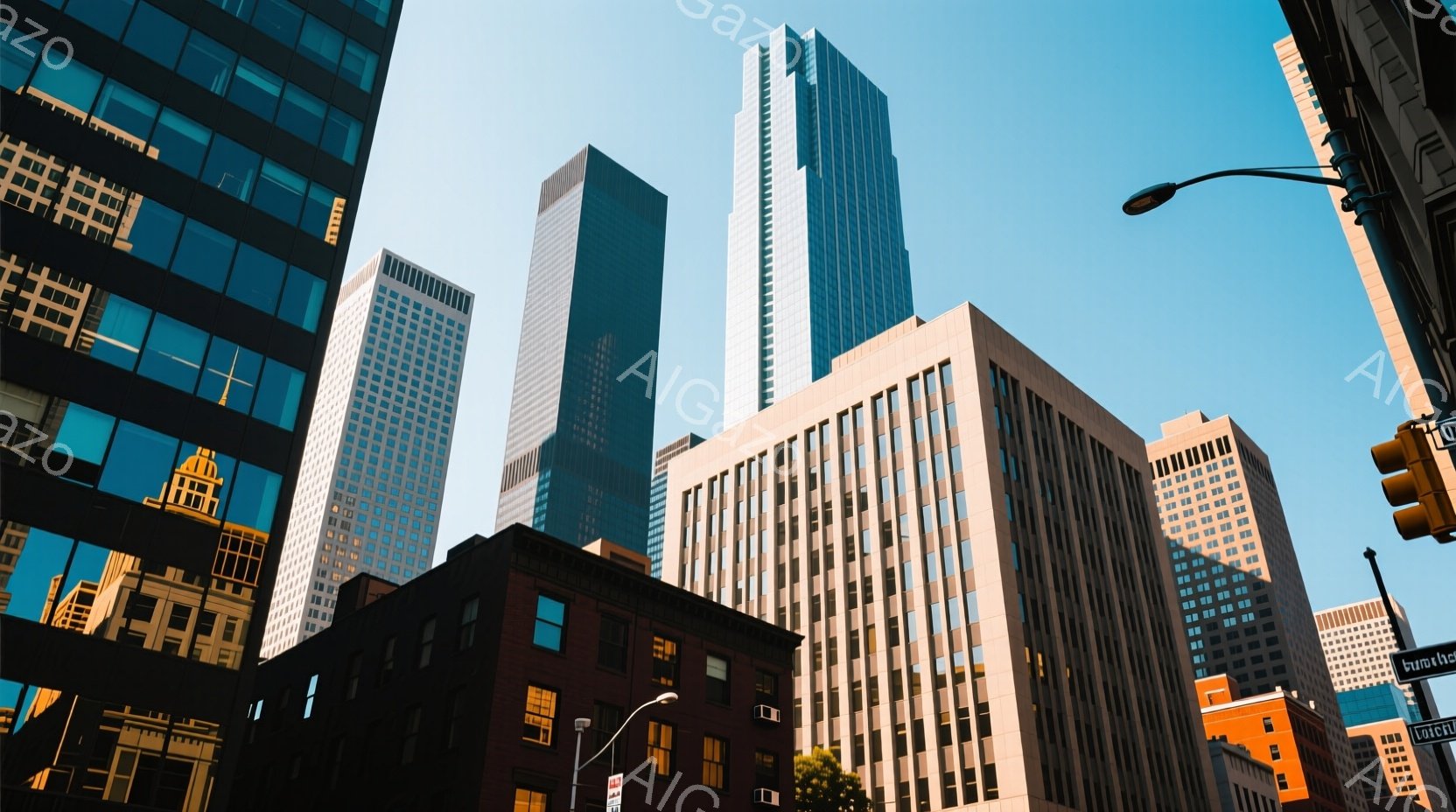 高層ビル群が青空を背景にそびえ立ち、都市の活気を感じさせる風景です。建物はそれぞれ異なるデザインで、近代的な建築様式が混在しています。光の反射がガラス面に映り込み、都市のきらびやかさを強調しています。