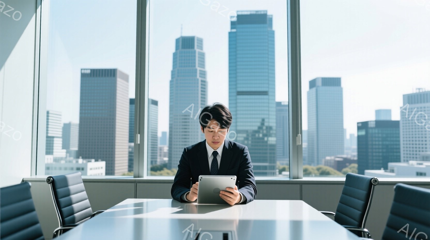 スーツを着た若い男性が、大きな窓の前に置かれた長い会議テーブルに座り、タブレット端末を見つめている。彼は黒髪で、真剣な表情をしており、姿勢は背筋が伸びている。背景には高層ビル群が広がり、晴天の下、都市の景観が広がっている。