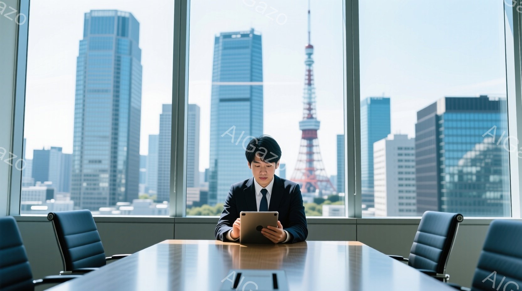 スーツを着た若い男性が、大きな窓の前に座ってタブレット端末を見ている。彼の表情は真剣で、姿勢は背筋が伸びている。背景には東京タワーや高層ビル群が広がり、晴天で明るい一日であることがわかる。 - AI生成フリー素材