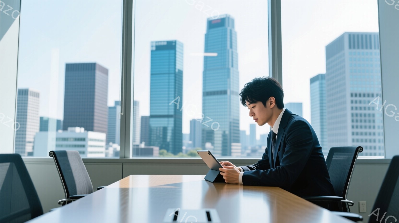 スーツを着た若い男性が、大きな窓の前に設置された長い会議テーブルに座り、タブレットを見つめている。彼は黒髪で、やや前かがみの姿勢で集中した表情をしている。背景には高層ビル群が広がり、晴天の下、近代的な - AI生成フリー素材