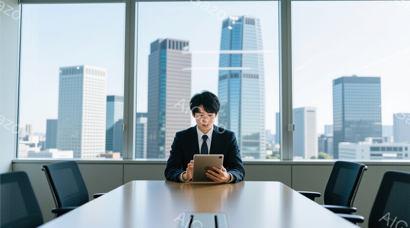若い男性が窓際に置かれた長い木製の会議テーブルに座り、タブレット端末を見ている。彼は紺色のスーツにネクタイを着用し、短く整髪された黒髪である。背景には高層ビル群が広がり、晴天の下、近代的な都市の風景が - AI生成フリー素材