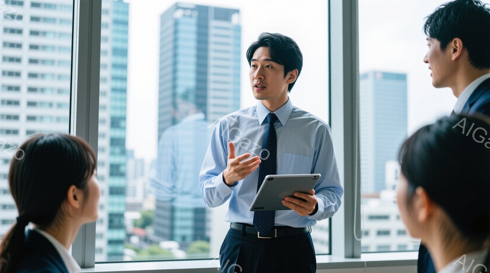 若いビジネスマンがタブレットを手に、同僚たちに向けて何かを説明している様子が写っている。彼は白いシャツにネクタイ、濃い色のズボンという服装で、姿勢は立っており、表情は真剣で自信に満ちている。背景には高 - AI生成フリー素材