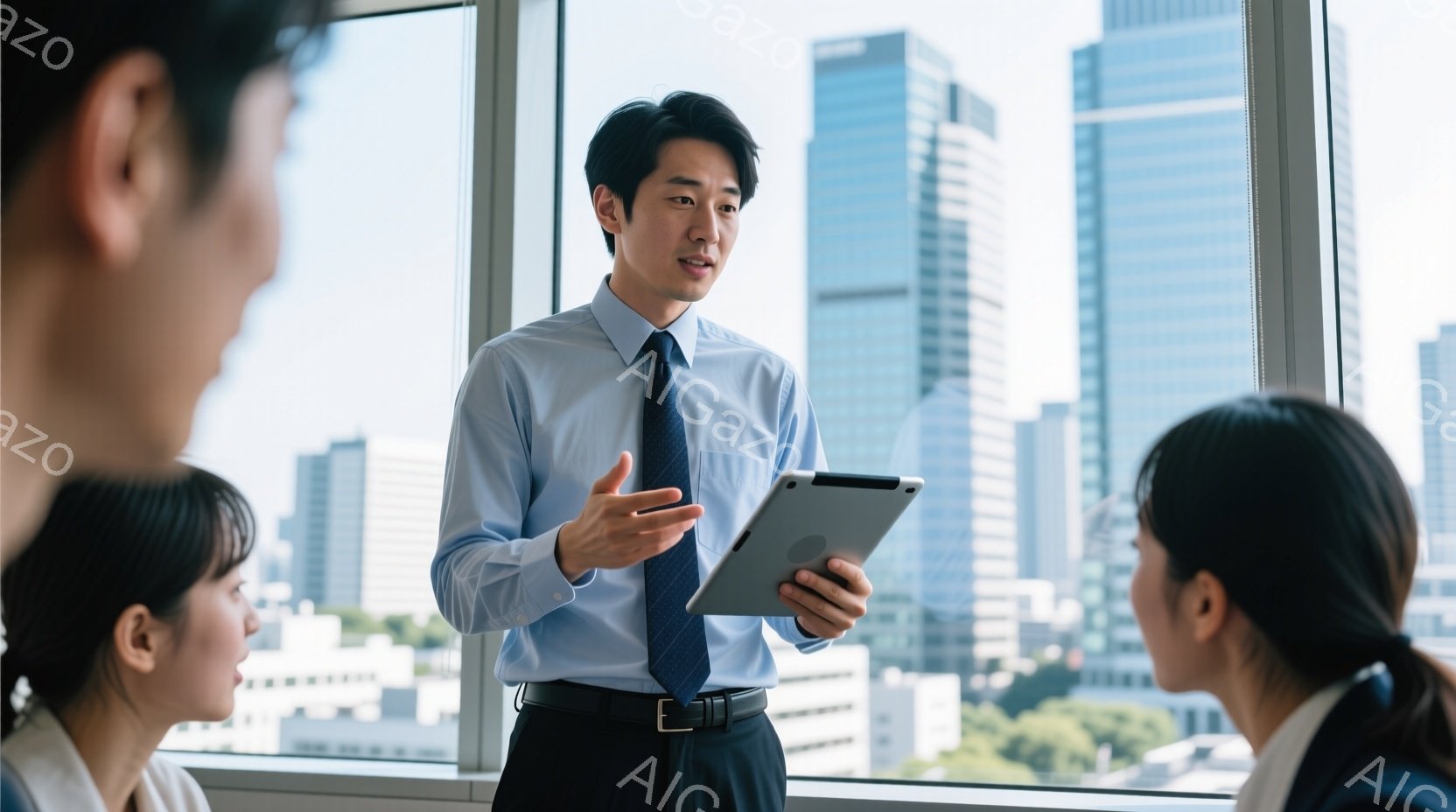 スーツを着た男性が、タブレットを手にしながら何かを説明している様子が写っています。彼は青いシャツにグレーのネクタイ、黒いズボンを着用し、少し笑顔を浮かべています。背景には高層ビル群が広がり、晴れた日の - AI生成フリー素材
