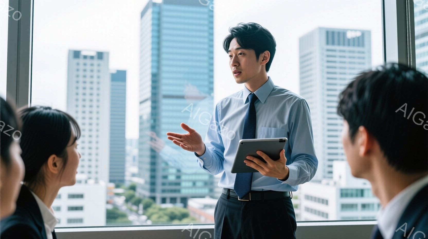 若い男性がタブレットを手に、他の参加者に向けて説明している様子が写っている。彼は白いシャツにネクタイ、黒いズボンを着用し、髪は短く整えられている。背景には高層ビル群と緑が見え、室内は明るく、ビジネス会 - AI生成フリー素材