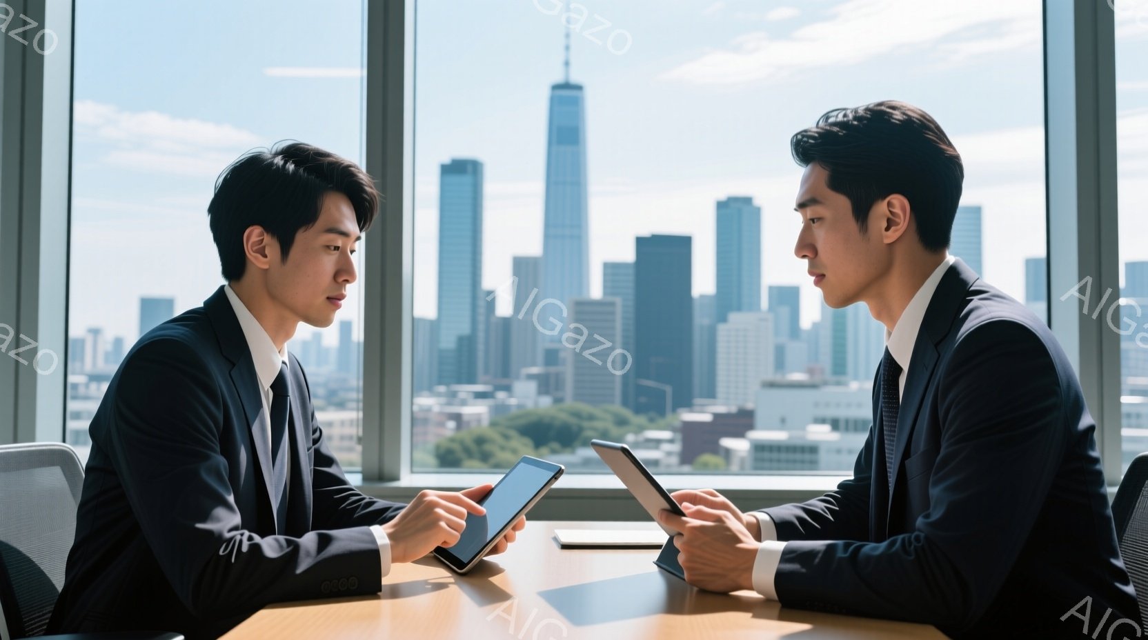 二人のビジネスマンが、明るいオフィスで向かい合って座り、タブレット端末を見ている。黒いスーツにネクタイ姿で、フォーマルな印象を与え、真剣な表情で画面を見つめている。背景には高層ビル群と青空が広がり、晴れた日の都会的な雰囲気が感じられる。