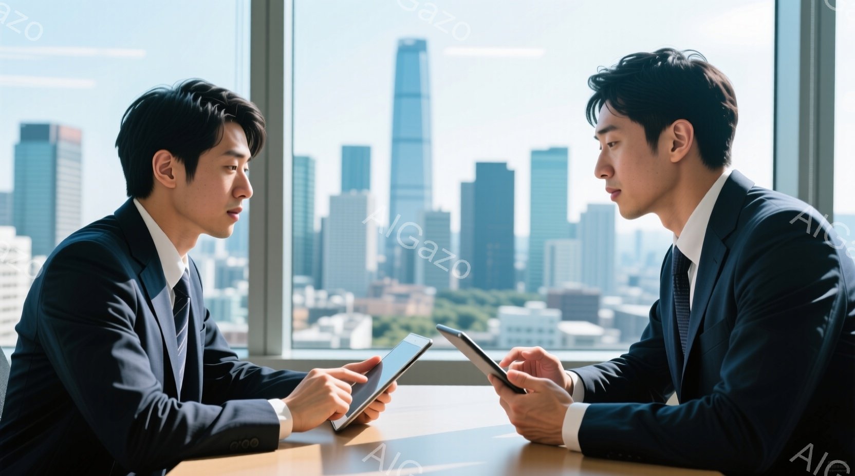 2人のビジネスマンが明るい室内で向かい合って座り、それぞれタブレット端末を見ている。彼らは黒いスーツにネクタイ姿で、髪型も整えられ、真剣な表情で画面を見つめている。背景には高層ビル群が広がり、晴天の下、都会的な雰囲気を感じさせる。