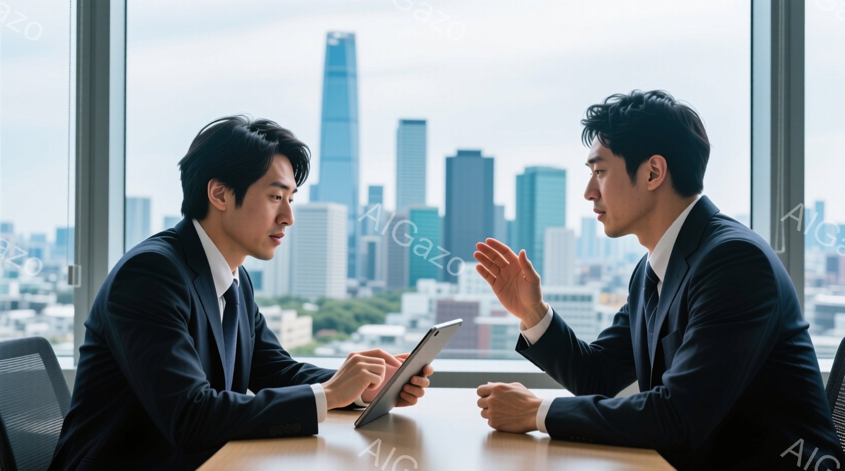 二人のビジネスマンが明るいオフィスで向かい合って座っており、一人はタブレットを見つめ、もう一人は何かを説明しているようです。彼らはどちらも黒いスーツにネクタイを締め、髪型は短髪で、真剣な表情を浮かべています。背景には高層ビル群が広がり、曇り空の下、都会的な風景が広がっています。
