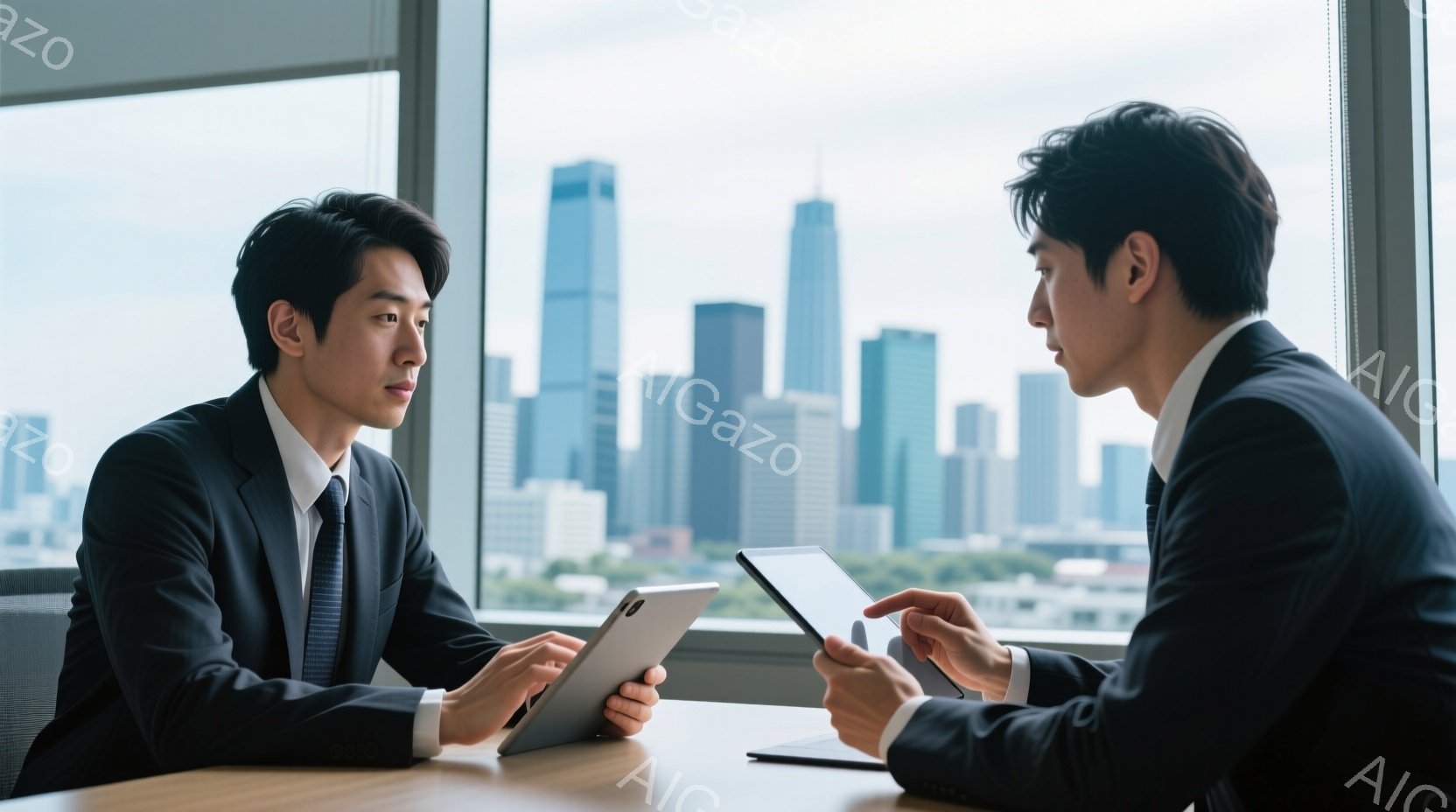 ビジネスシーンで、男性用レイアウトを装った仕事中の雑談。建物の窓が見える風景。