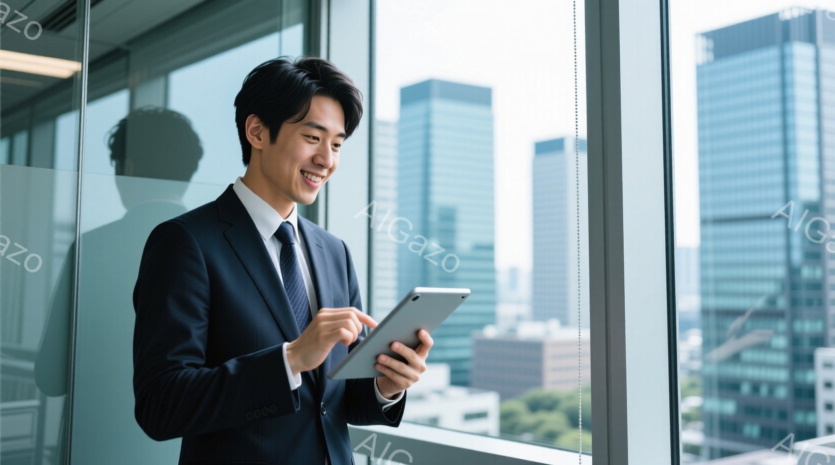 スーツを着た若い男性が、大きな窓の前でタブレットを見ながら微笑んでいます。彼は黒い髪を整え、姿勢良く立っており、ビジネスシーンにおける自信と成功を表現しています。背景には高層ビル群が広がり、晴れた空が - AI生成フリー素材