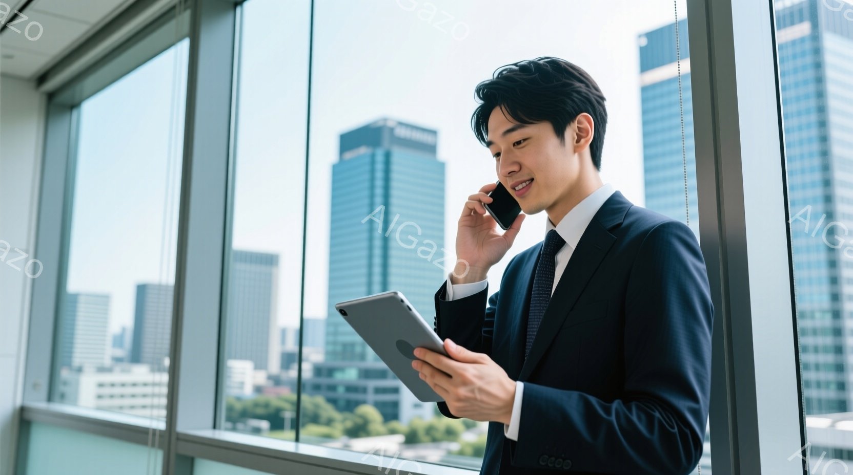 スーツを着た若い男性が、窓辺でスマートフォンで通話しながらタブレット端末を見ている。彼は黒髪で、穏やかな表情をしており、姿勢はリラックスしているが、ビジネスシーンにふさわしい印象を与える。背景には高層ビル群が広がり、晴天の空が広がっていることから、都会のオフィスで働くビジネスマンの様子を捉えた一枚だと考えられる。