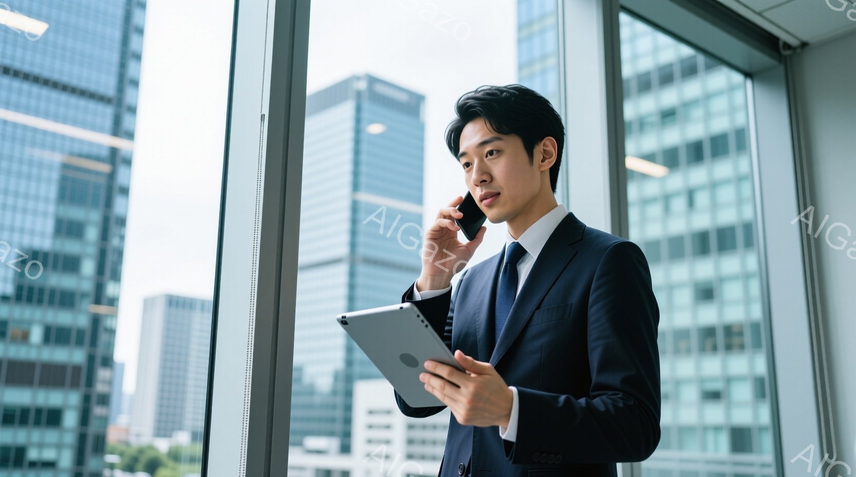 紺色のスーツにネクタイを締め、黒髪を短く整えた男性が、窓辺でタブレットを見ながら電話に出ています。彼の表情は真剣で、ビジネスシーンにおけるプロフェッショナルな印象を与えます。背景には高層ビル群が広がり - AI生成フリー素材