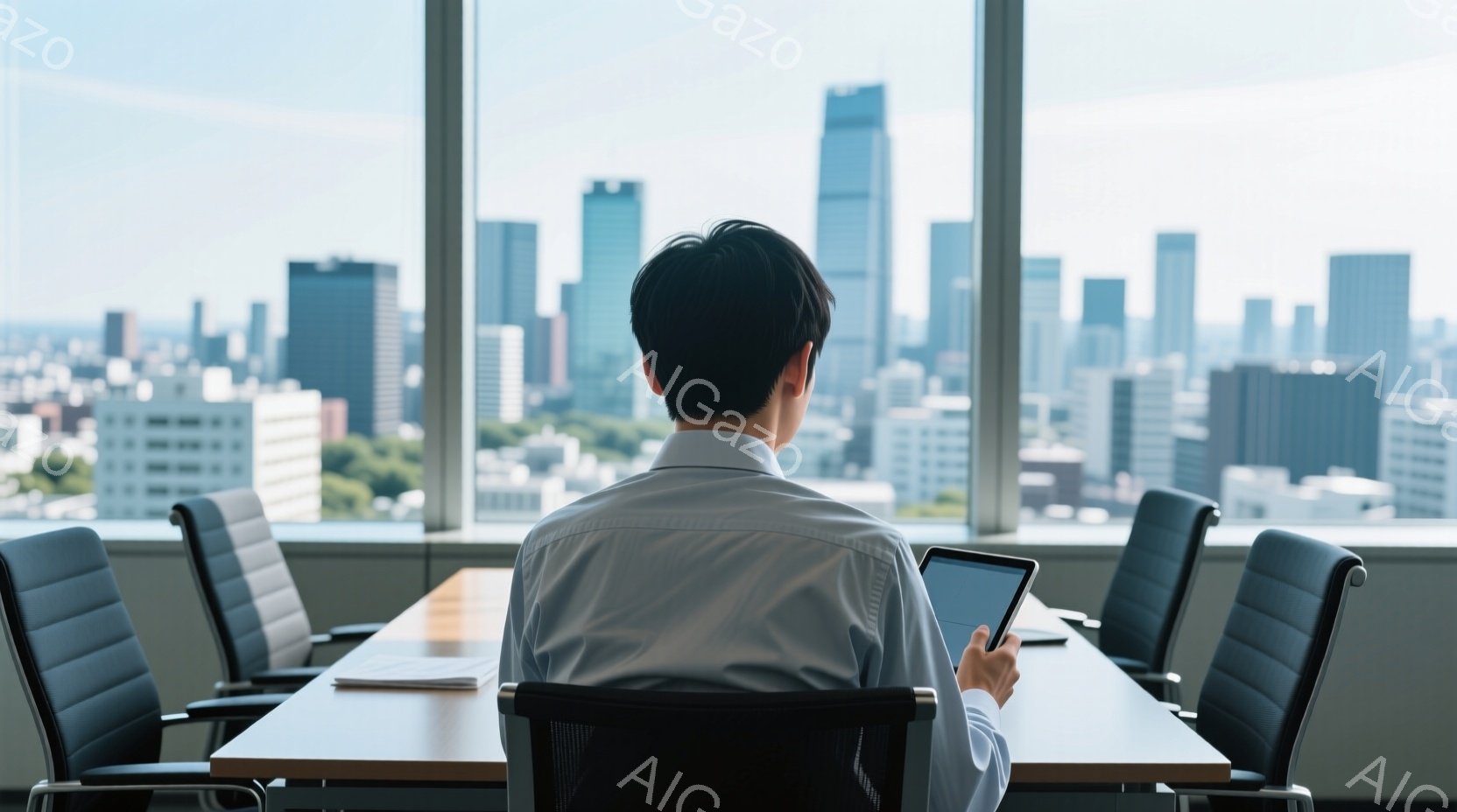白いシャツを着た男性が、高層ビルの窓際にある会議室でタブレット端末を見ている。彼は椅子に座り、背中を向けているため顔は見えないが、姿勢はリラックスしているように見える。背景には高層ビル群が広がり、晴れた空が広がっているため、開放感のある都会的な雰囲気である。