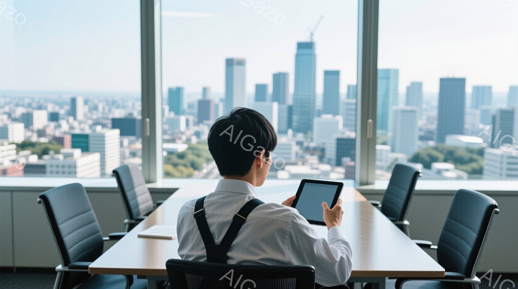 白いシャツにサスペンダーを付けた男性が、窓際に置かれた長い木製の会議テーブルに向かって座り、タブレット端末を見ている。背景には高層ビル群が広がる大都市の景色が広がっており、晴天の下、遠くには緑が見える。全体的に落ち着いた雰囲気で、ビジネスシーンにおける思考や意思決定の場面を連想させる。