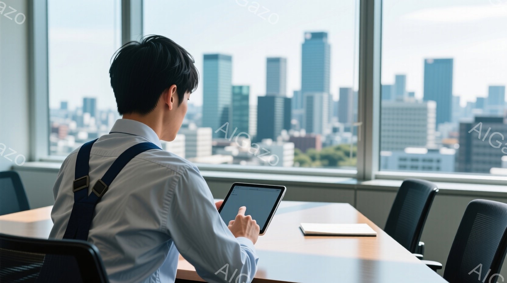 白いシャツにサスペンダーを着用した男性が、大きな窓から見える都市の景色を背にしてタブレットを見つめている。彼はテーブルに座っており、姿勢はやや前かがみで、集中している様子が伺える。背景には高層ビル群が広がり、晴天の下、近代的な都会の風景が広がっている。