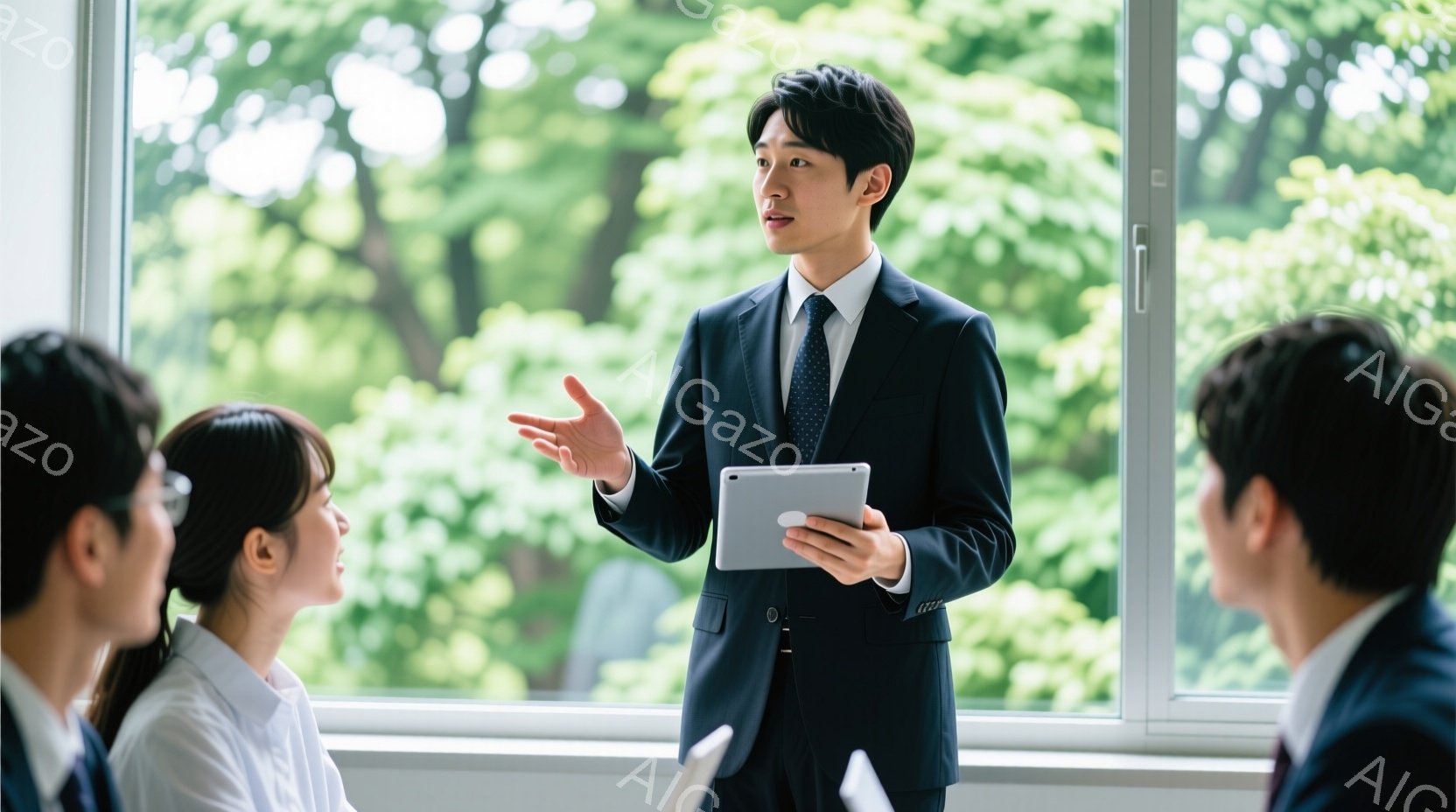 紺色のスーツにネクタイを締めた男性が、タブレットを手にしながらプレゼンテーションをしている様子が写っている。彼は少し体を前に傾け、片手を広げて説明しており、真剣な表情をしている。背景には大きな窓があり - AI生成フリー素材