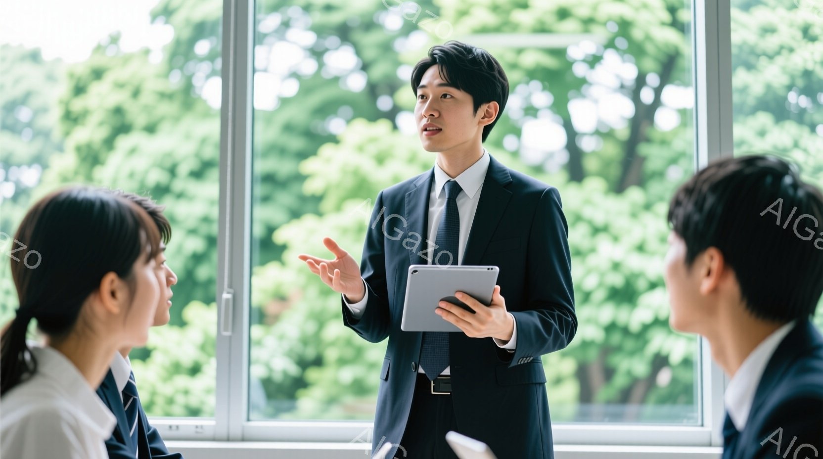 スーツを着た若い男性が、タブレットを手にしながら説明をしている様子が写っている。彼は黒い髪を整え、少し微笑んだ表情で、聴衆に向かって身振り手振りを交えながら話している。背景には緑豊かな木々が見え、明るい室内で会議やプレゼンテーションが行われている雰囲気である。