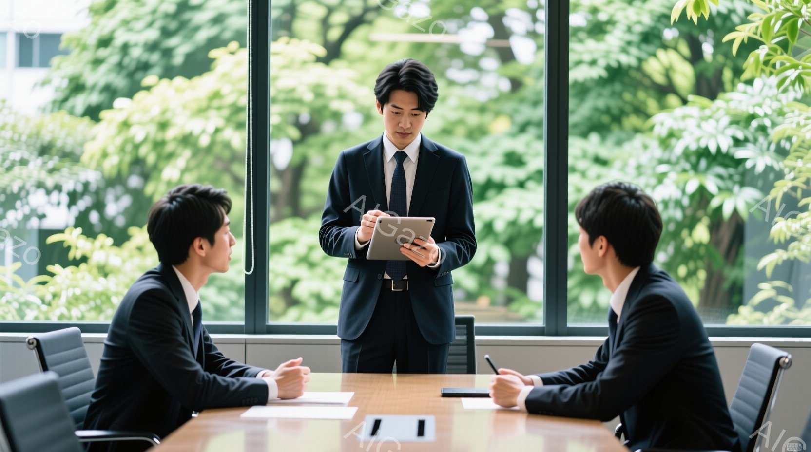 3人のビジネスマンが会議室にいます。立っている男性はスーツとネクタイ姿で、タブレット端末を見ています。座っている2人はスーツ姿で、テーブルに向かい合って座り、真剣な表情で話し合っているようです。