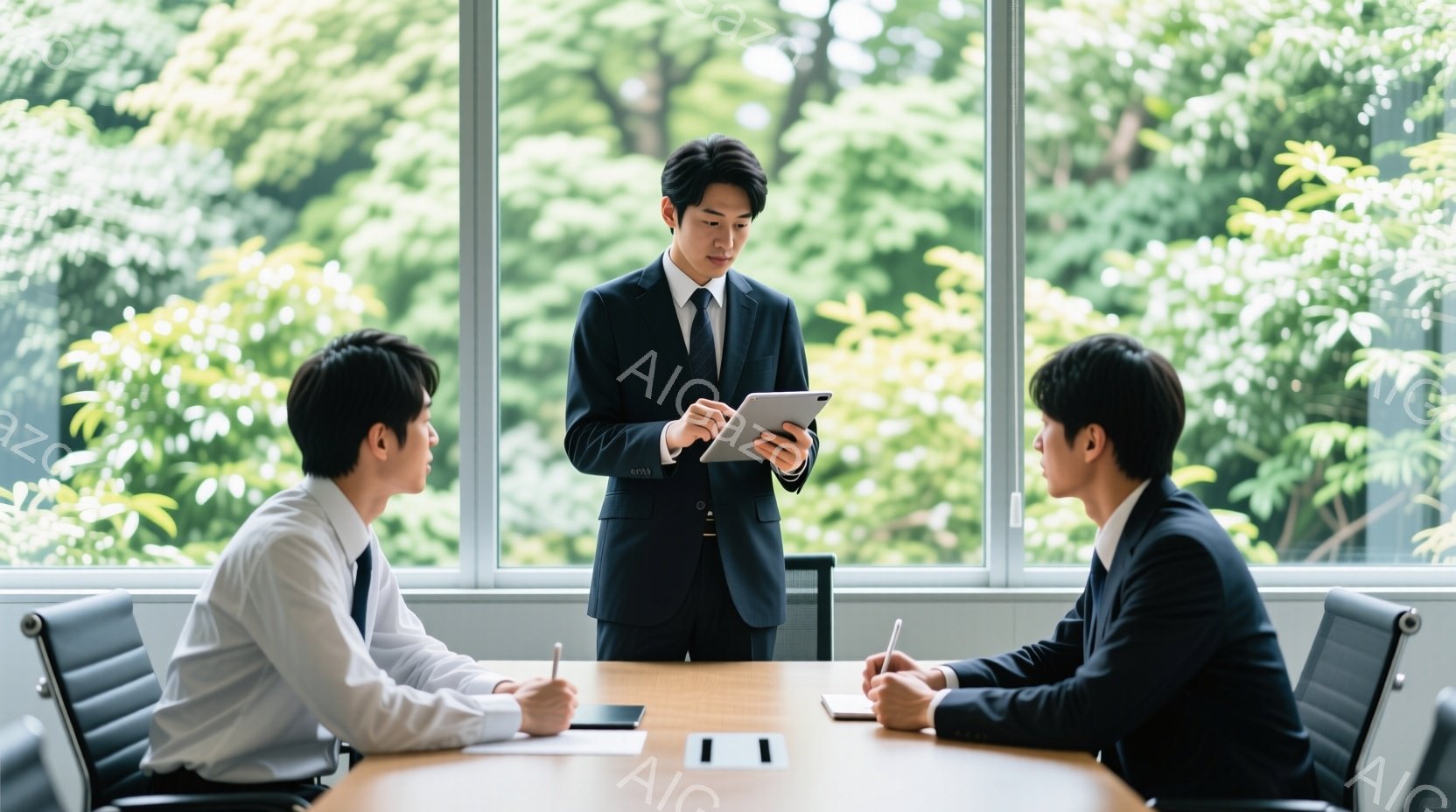スーツを着た3人のビジネスマンが、明るい会議室にいます。立っている男性はタブレットを手に持ち、座っている2人の男性に向かって説明しているようです。背景には緑豊かな木々が見え、穏やかでプロフェッショナルな雰囲気が漂っています。