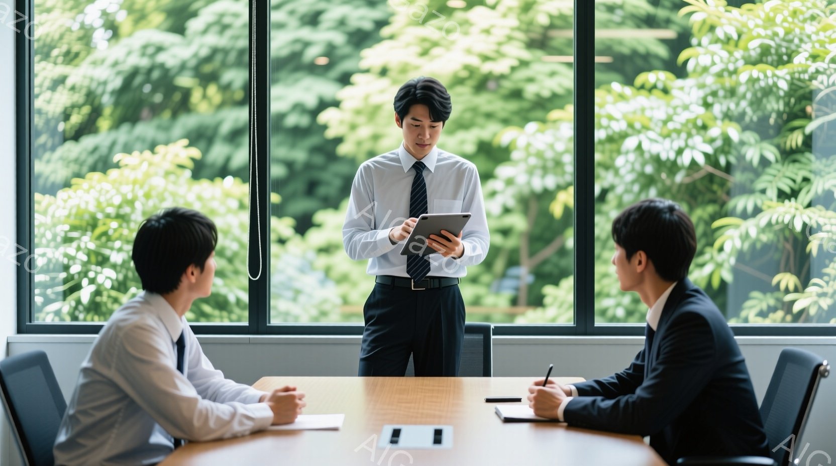 3人のビジネスマンが会議室で話し合っている様子が写っている。中央の男性はプレゼンテーションのためにタブレットを持って立っており、他の2人はテーブルを挟んで座り、メモを取っているようだ。背景には大きな窓があり、緑豊かな自然が見え、室内は明るく、洗練された雰囲気である。