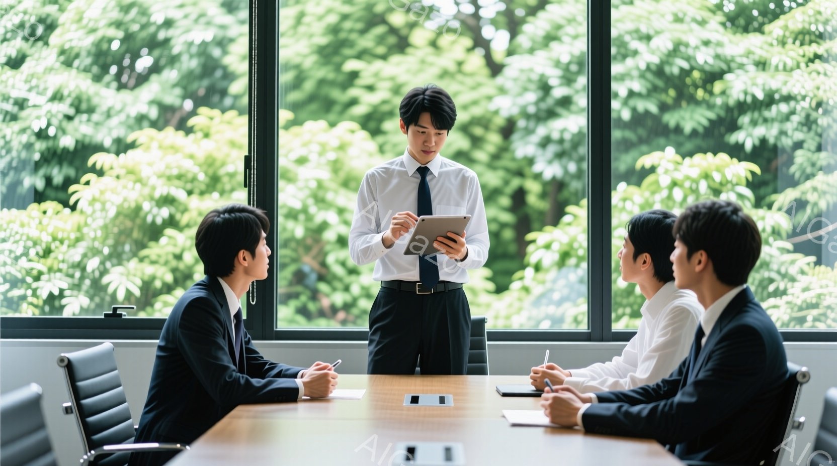 3人のビジネスマンが会議室で話し合っている様子が写っている。立っている男性は白シャツに黒いズボン、ネクタイを締めており、タブレットを見ながらプレゼンテーションをしているように見える。背景には緑豊かな木々が見える大きな窓があり、明るく開放的な雰囲気が漂っている。