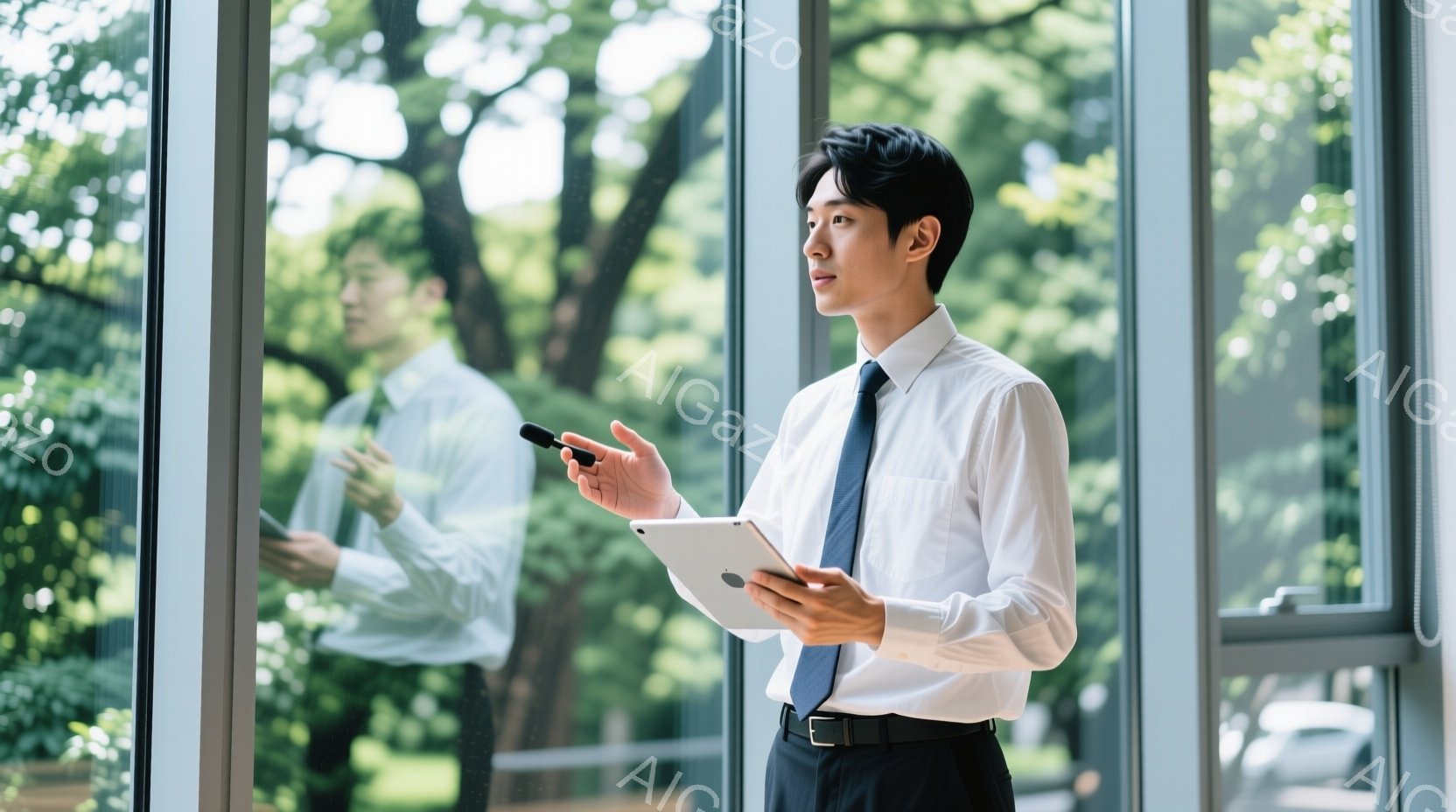若い男性が白いシャツと濃い青色のネクタイ、黒いズボンを着用し、タブレットを片手に持ちながら何かを説明している様子が写っている。彼は少し横を向き、真剣な表情で、窓ガラスに映る自分の姿も確認できる。背景には緑豊かな木々が見え、晴れた日のオフィス内であることがわかる。