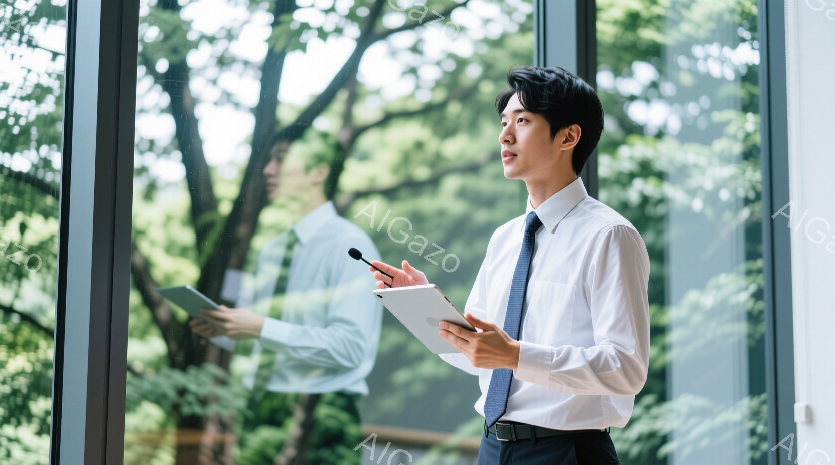 若い男性が、白いシャツにネクタイ、紺色のズボンを着用し、タブレットとペンを持ちながら立っている。彼は窓に向かって少し上目線で見ており、表情は真剣でどこか思索的だ。背景には緑豊かな植物が見え、窓を通して自然光が差し込み、全体的に落ち着いた雰囲気を作り出している。