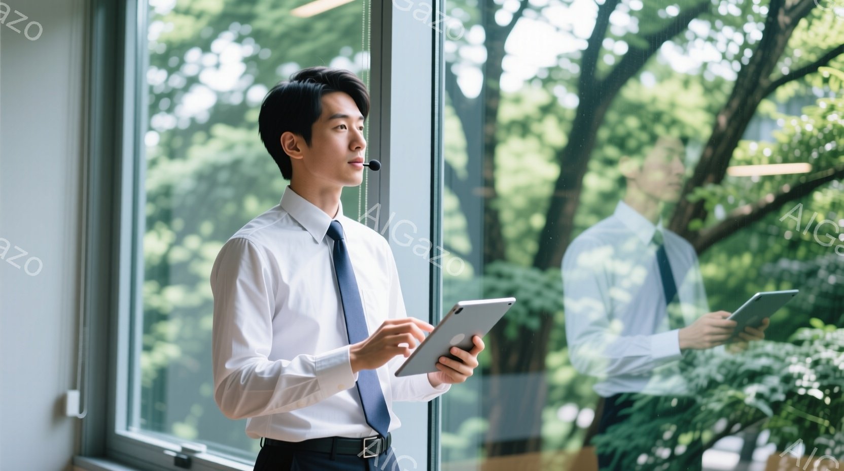 白いシャツに濃い青のネクタイを締めた男性が、窓辺でタブレットを手にしている。彼は少し横を向き、考え込んでいるような表情で、姿勢はリラックスしているが、どこか真剣な雰囲気を醸し出している。背景には緑豊か - AI生成フリー素材