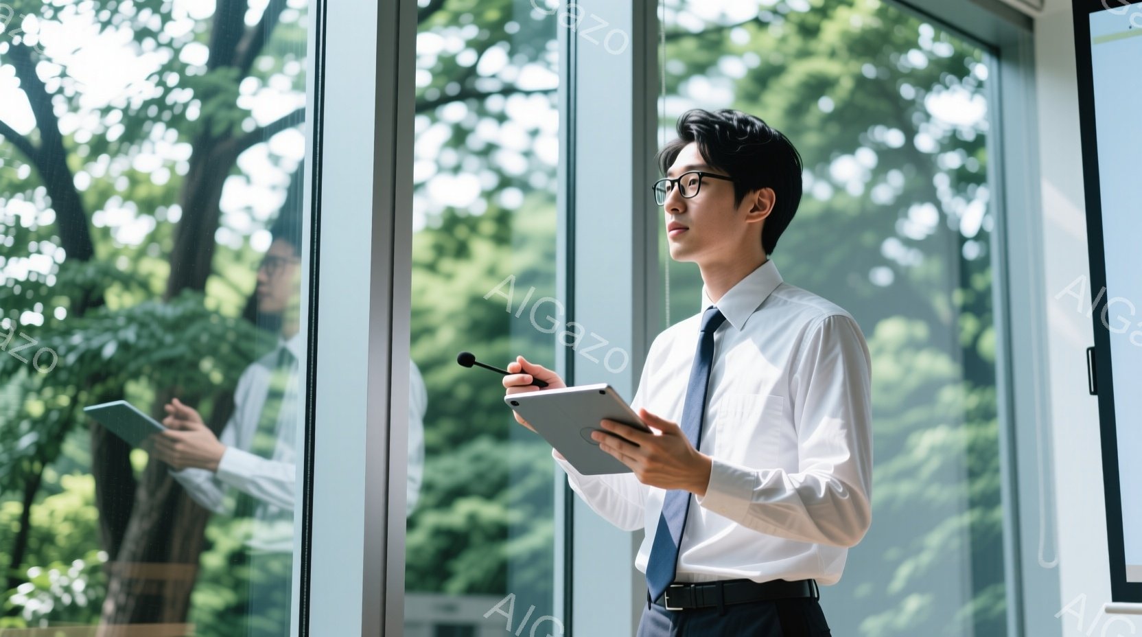 若い男性が窓の前でタブレットを見ながら何かをメモしています。彼は白いシャツに紺色のネクタイ、黒いズボンというビジネススタイルで、黒いフレームのメガネをかけています。背景には緑豊かな木々が見え、室内は明るく、全体的に落ち着いた雰囲気です。