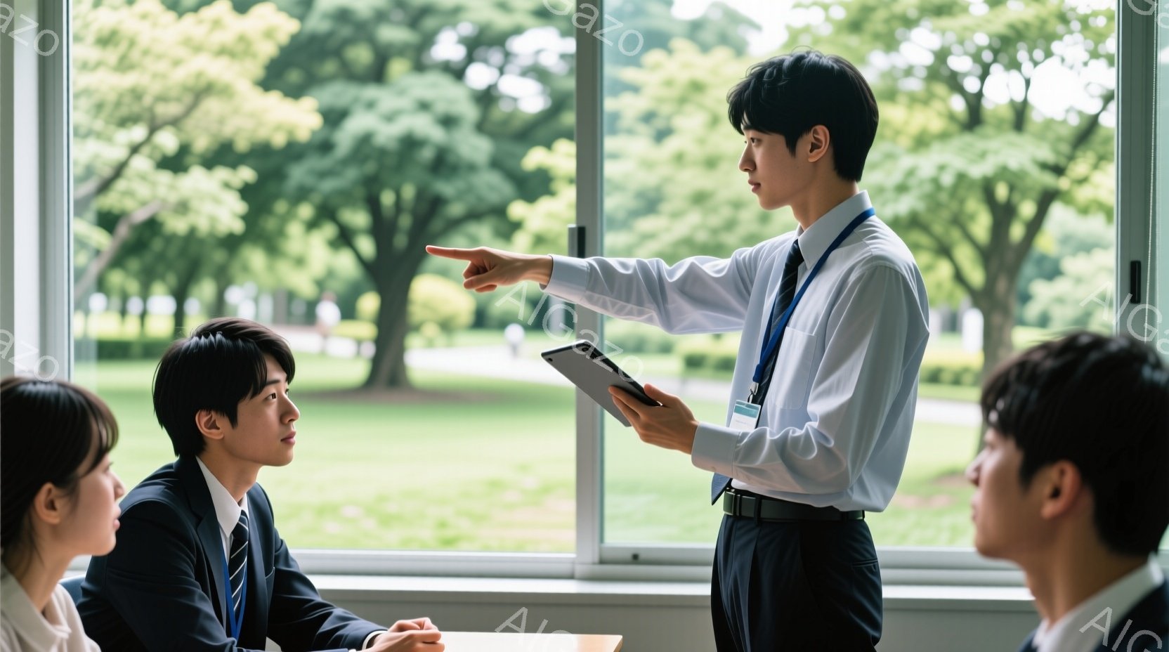 室内には、スーツを着た二人の人物がテーブルを挟んで座っており、立っている一人の人物がタブレットを手に何かを説明している様子が伺えます。説明者は、白いシャツにネクタイ、濃い色のスーツを着用し、片手を指して何かを強調しています。背景には、緑豊かな木々と晴れた空が見え、明るく穏やかな雰囲気を感じさせます。