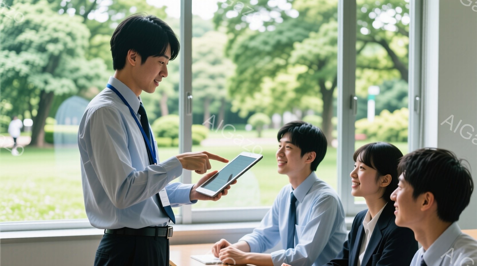 男性教師がタブレットを持って、学生たちに指示するシーン。教師は学生たちの前で、表情が積極的で闇の中にいる。学生たちは集団で座っており、それぞれの表情で注意を向けている。背景は木々と屋外の空気で、全体として教育の場面が感じられる。