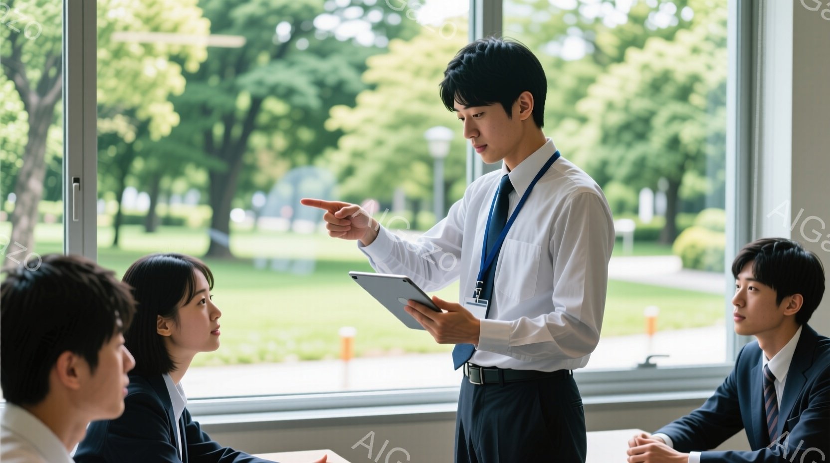 白いシャツに紺色のズボンを着用した若い男性が、タブレットを手にしながら何かを説明しているように見える。彼は指を前に突き出し、熱心な表情で講義を行っている。背景には大きな窓があり、緑豊かな公園が見え、晴天の穏やかな一日であることがわかる。
