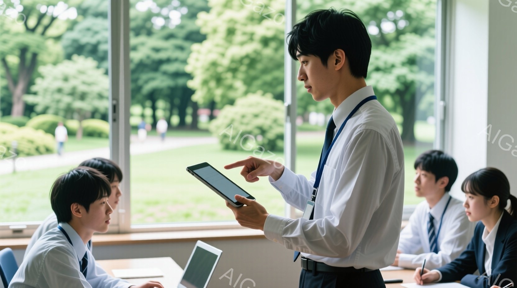 教室の中で、一人の男性教師がタブレットを手に、生徒たちに向けて何か説明している様子が写っている。教師は白いシャツにネクタイ、黒いズボンを着用し、真剣な表情で指を差し示している。窓の外には緑豊かな木々と晴れた空が広がり、明るく穏やかな雰囲気が感じられる。