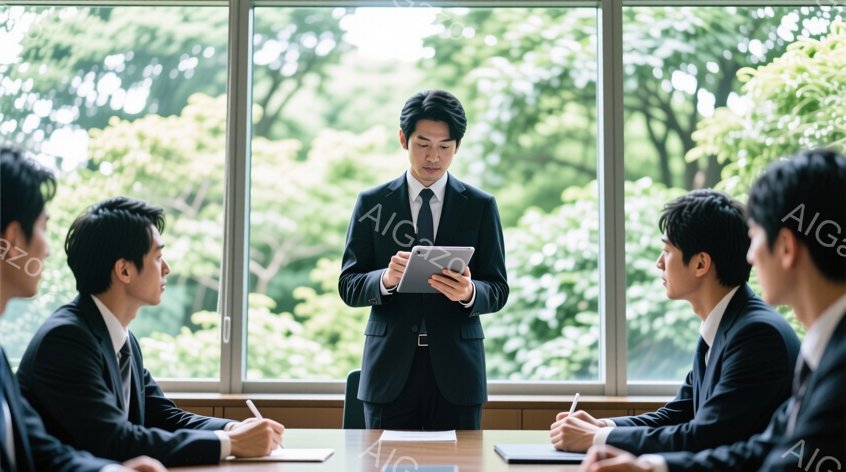紺色のスーツにネクタイを締めた男性が、会議室でタブレットを手にプレゼンテーションを行っている。他の3人の男性も同様の服装で、テーブルを挟んで彼を見つめ、メモを取っている様子が伺える。背景には緑豊かな木々が見え、室内は明るく、ビジネスシーンでありながらも自然を感じさせる雰囲気である。