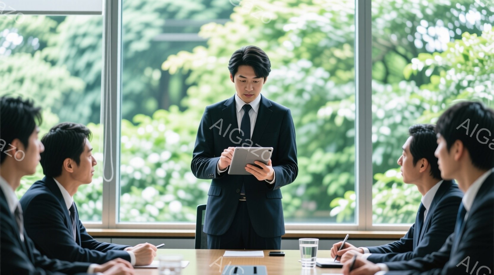4人のビジネスマンが会議室で打ち合わせをしている様子が描かれている。立っているプレゼンターは黒いスーツにネクタイを締め、タブレットを見ながら説明しているように見える。窓の外には緑豊かな木々が見え、明るく穏やかな雰囲気を醸し出している。