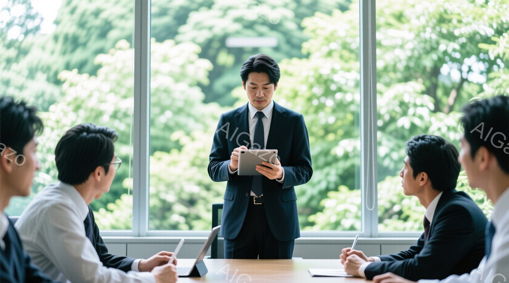 会議室で、一人の男性がタブレットを手に立ち、他の三人の男性に向かって説明しているようだ。全員がスーツ姿で、真剣な表情で会議に参加している様子が伺える。窓の外には緑豊かな木々が見え、明るく穏やかな雰囲気を醸し出している。