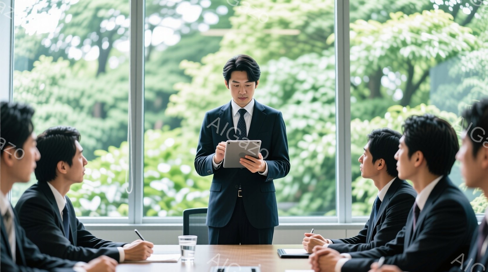 上品なビジネスマンが会社内でプレゼンテーションを行っており、周りの同僚たちは注目しています。彼らは正確に録画された映像からの表情や身体言語で役割が分かります。ビジネスマンはタブレットを持って、会議室の窓の前で話しています。映像は日本語で撮影された感があり、ビジネス的な雰囲気が強調されているでしょう。