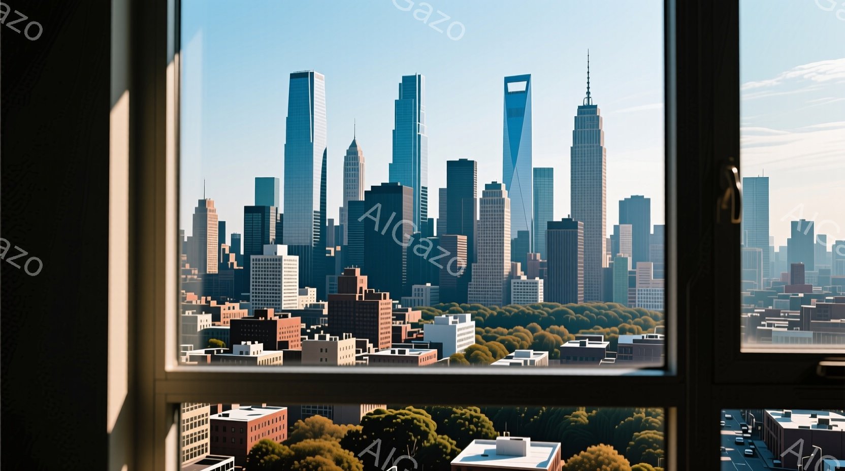 窓枠を通して、高層ビル群が広がる都市の風景が捉えられています。建物は幾何学的な形をしており、鮮やかな色彩は使われず、全体的に落ち着いたトーンで統一されています。手前の緑豊かな木々は、都市の喧騒とは対照的な静けさを演出し、全体的にミニマルで洗練された雰囲気を醸し出しています。