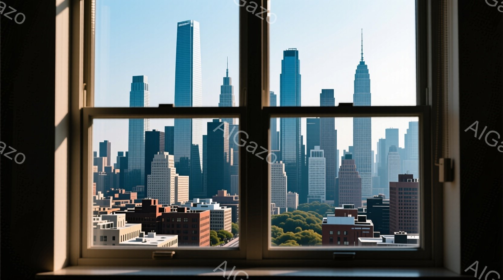 ニューヨーク市内から見た場景を表す。ウィンドウの外部は普通の街の階層に覆われ、日当たりが強いことが分かる。特定の人物はなく、広さと建物の多さを強調する。