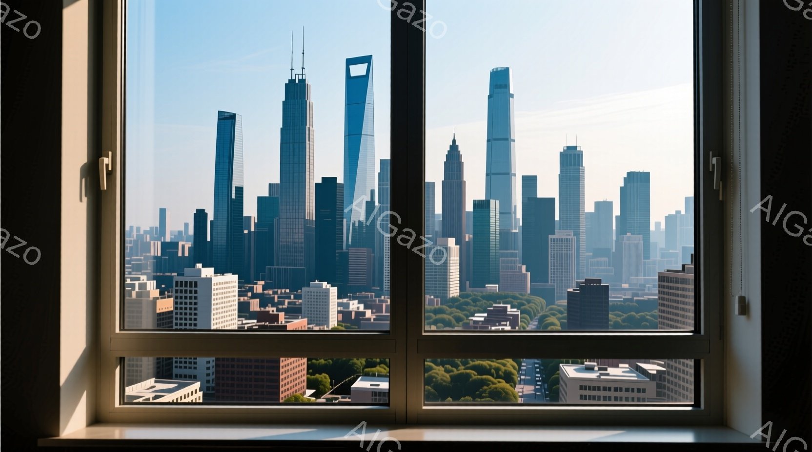 窓から見下ろす上海の近代的な高層ビル群が広がっており、ガラス張りの摩天楼が密集して並んでいる。空は晴れ渡り、高層ビルのシルエットがくっきりと浮かび上がり、遠くには緑豊かな公園や木々が見える。全体的に、現代的で活気のある都市の風景が表現されており、都市の躍動感と未来的な雰囲気が感じられる。